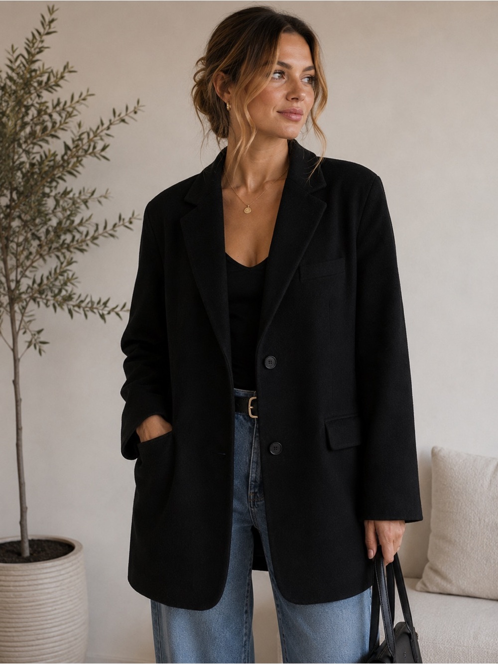 100% Camel Hair Chic Black Coat/Blazer